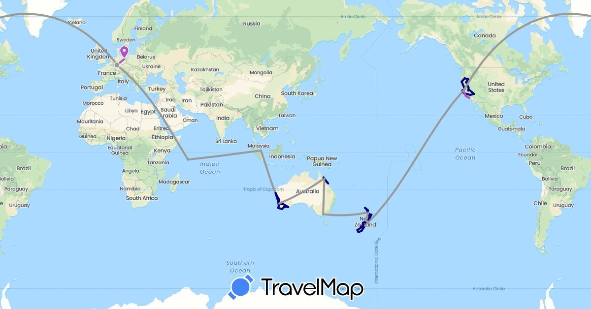 TravelMap itinerary: driving, plane, train, boat in Australia, Germany, New Zealand, Seychelles, Singapore, United States (Africa, Asia, Europe, North America, Oceania)